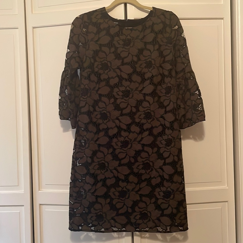 Alfani petite dark green dress with lace like cutouts and bell sleeves